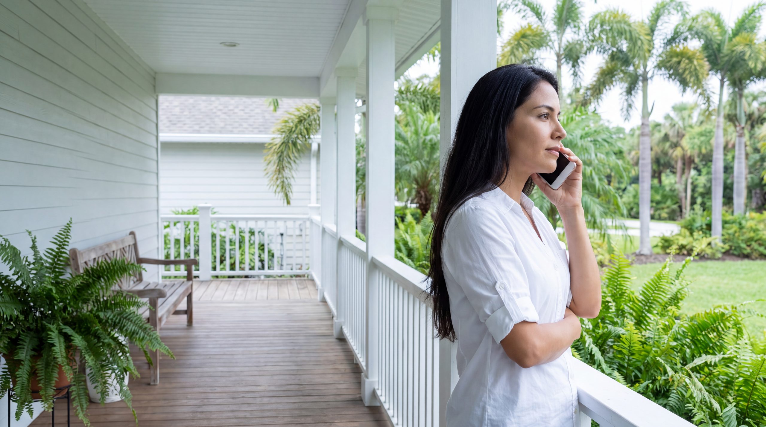 Una mujer escucha con el teléfono en el oído en el porche de su casa, con la mirada en el jardín.